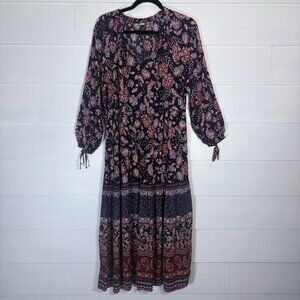 Old Navy Maxi Dress Medium Floral Blue Rust Lightweight Long Sleeve Peasant Boho